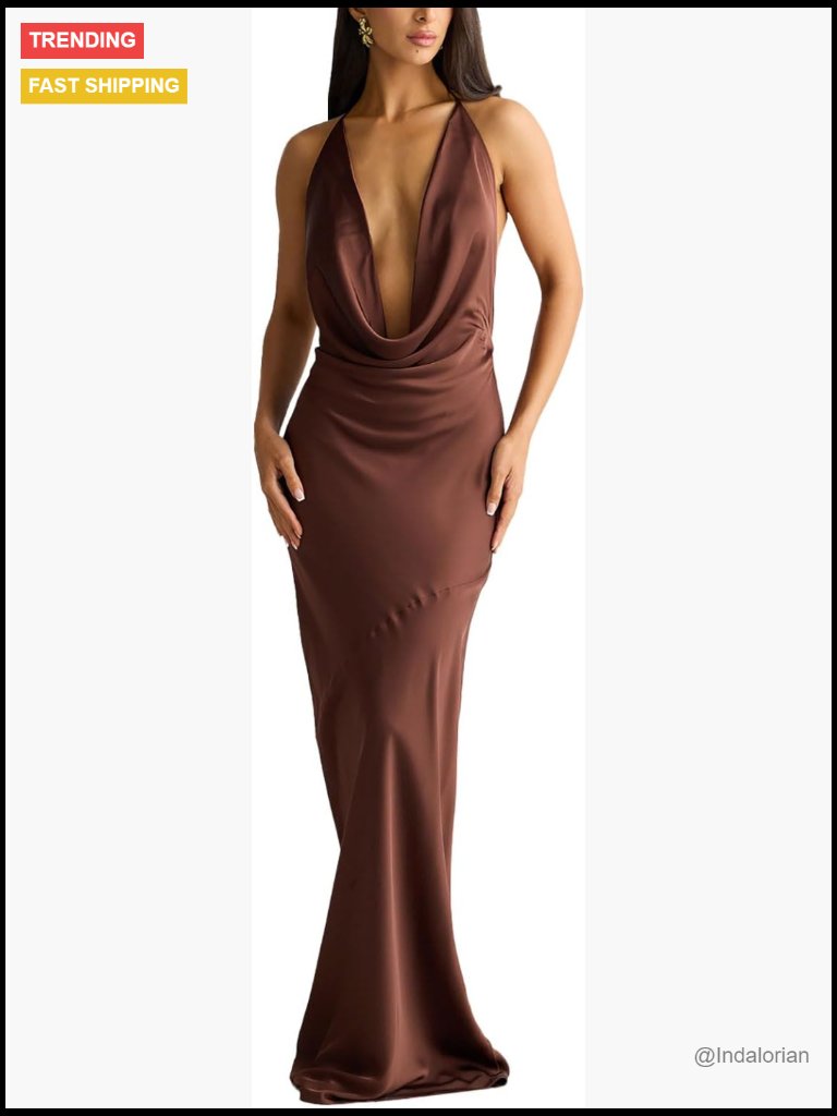 Silky Backless Maxi Dress Deep V Neck Halter Formal Evening Gown